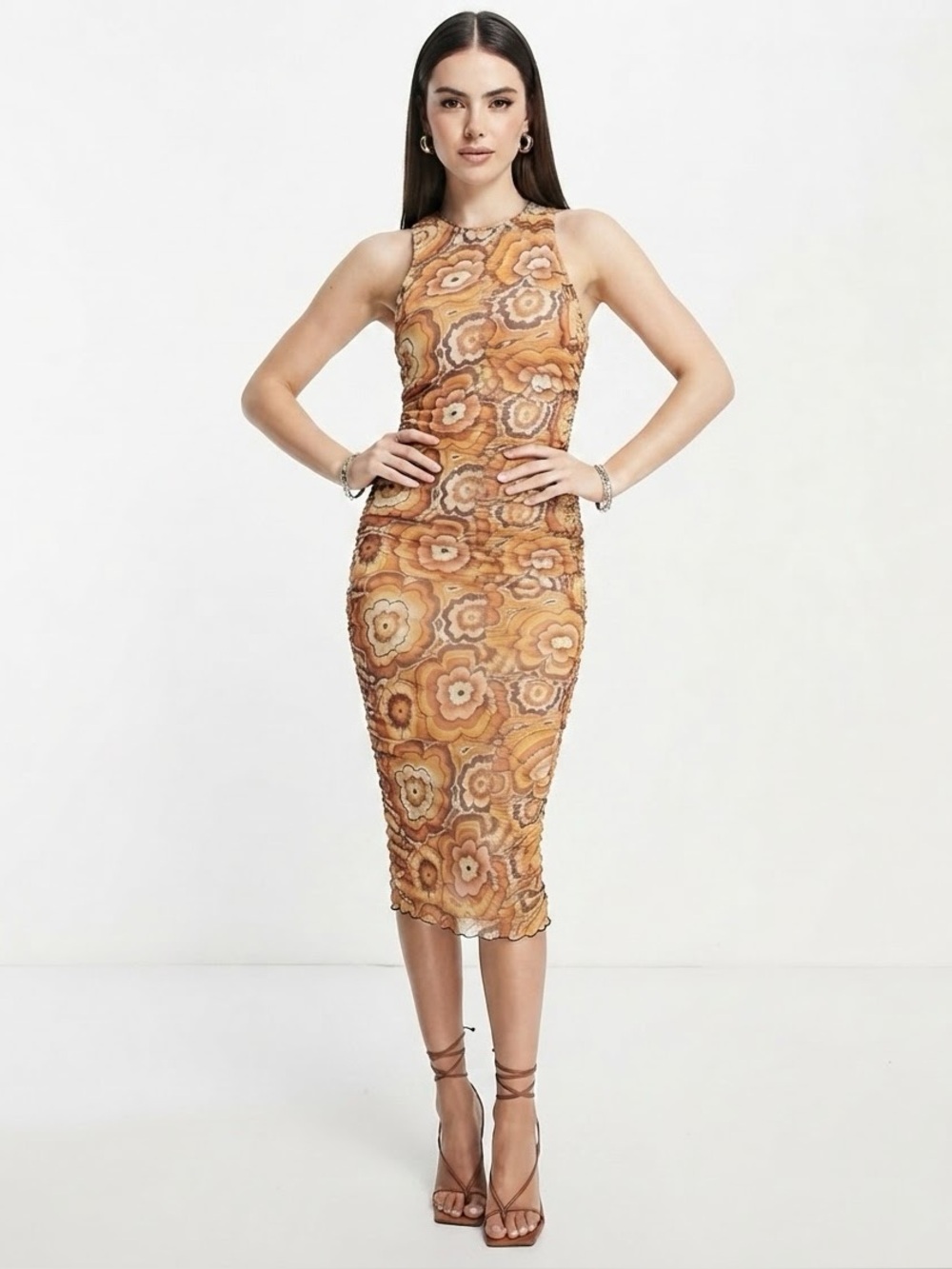 Neon Rose Sleeveless Midi Dress Floral Print